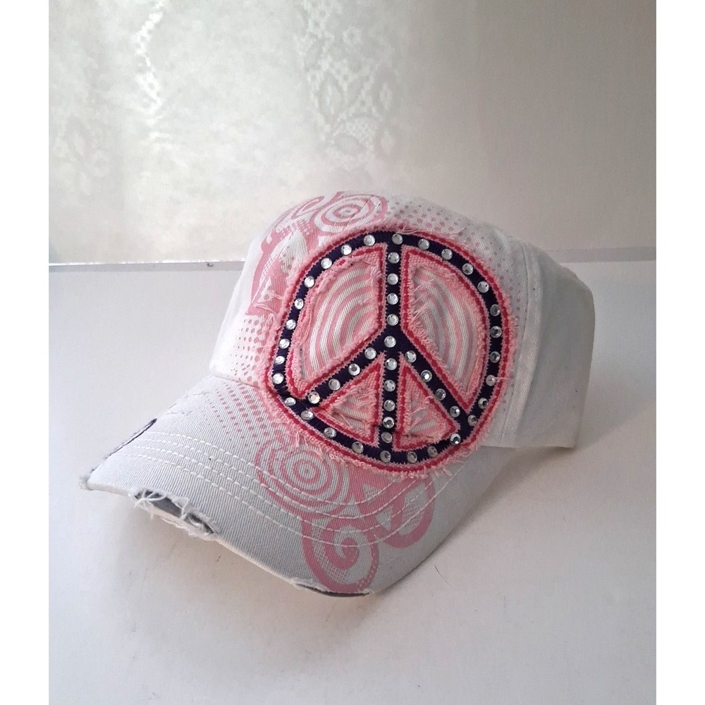 Leader Peace Sign Cadet Cap Distressed Crystal Studded Women's Adjustable White